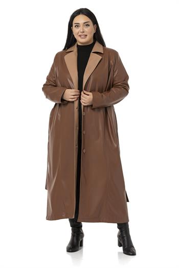 Büyük Beden Yakası Garnili Yandan Cepli Astarlı Deri Kahverengi Uzun Kaban