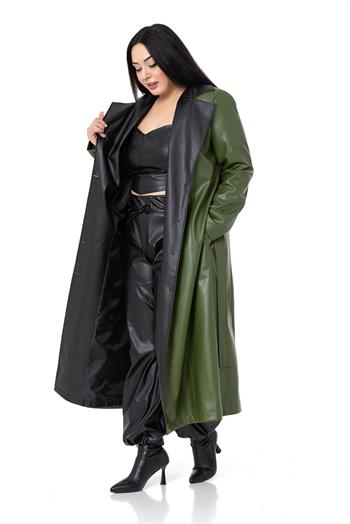 Büyük Beden Yakası Garnili Yandan Cepli Astarlı Deri Haki Uzun Kaban