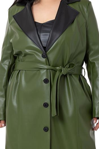 Büyük Beden Yakası Garnili Yandan Cepli Astarlı Deri Haki Uzun Kaban