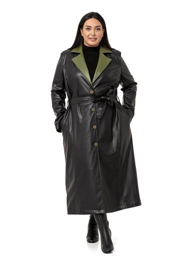 Büyük Beden Yakası Garnili Yandan Cepli Astarlı Deri Siyah Uzun Kaban