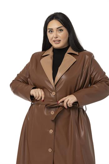 Büyük Beden Yakası Garnili Yandan Cepli Astarlı Deri Kahverengi Uzun Kaban