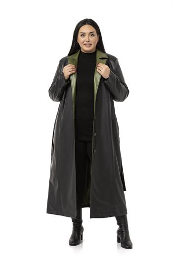 Büyük Beden Yakası Garnili Yandan Cepli Astarlı Deri Siyah Uzun Kaban