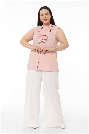 Büyük Beden Yakası İki Kat Volanlı Düğmeli Kolsuz Pudra Rengi Gömlek