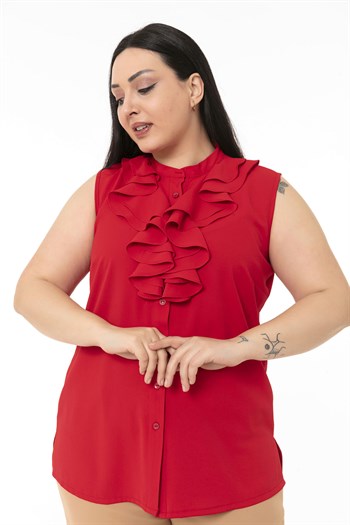 Büyük Beden Yakası İki Kat Volanlı Düğmeli Kolsuz Kırmızı Gömlek