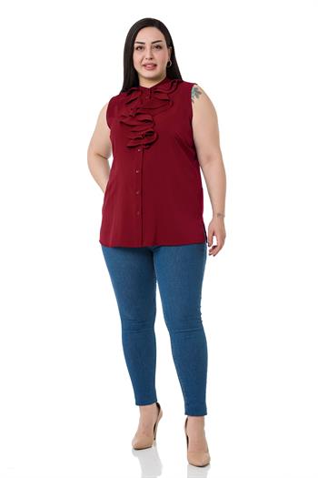 Büyük Beden Yakası İki Kat Volanlı Düğmeli Kolsuz Bordo Gömlek
