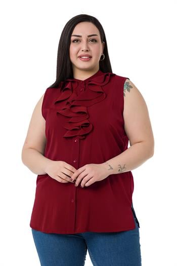 Büyük Beden Yakası İki Kat Volanlı Düğmeli Kolsuz Bordo Gömlek