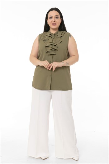 Büyük Beden Yakası İki Kat Volanlı Düğmeli Kolsuz Haki Gömlek