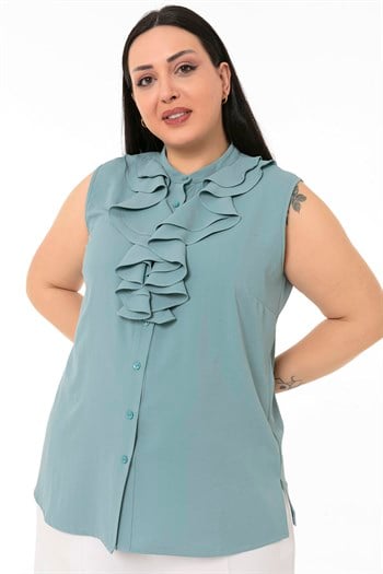 Büyük Beden Yakası İki Kat Volanlı Düğmeli Kolsuz Mint Rengi Gömlek