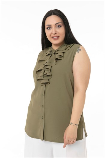 Büyük Beden Yakası İki Kat Volanlı Düğmeli Kolsuz Haki Gömlek