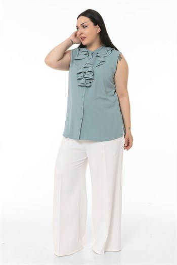 Büyük Beden Yakası İki Kat Volanlı Düğmeli Kolsuz Mint Rengi Gömlek