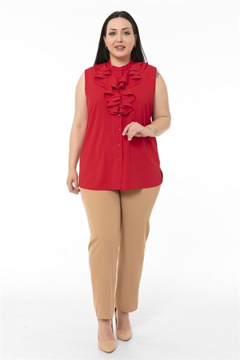 Büyük Beden Yakası İki Kat Volanlı Düğmeli Kolsuz Kırmızı Gömlek