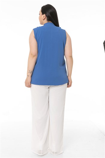 Büyük Beden Yakası İki Kat Volanlı Düğmeli Kolsuz İndigo Gömlek