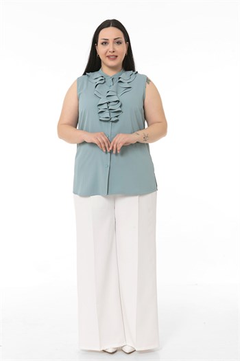 Büyük Beden Yakası İki Kat Volanlı Düğmeli Kolsuz Mint Rengi Gömlek