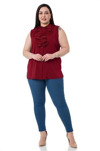 Büyük Beden Yakası İki Kat Volanlı Düğmeli Kolsuz Bordo Gömlek