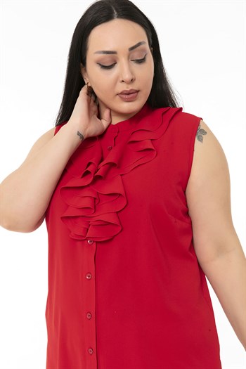 Büyük Beden Yakası İki Kat Volanlı Düğmeli Kolsuz Kırmızı Gömlek