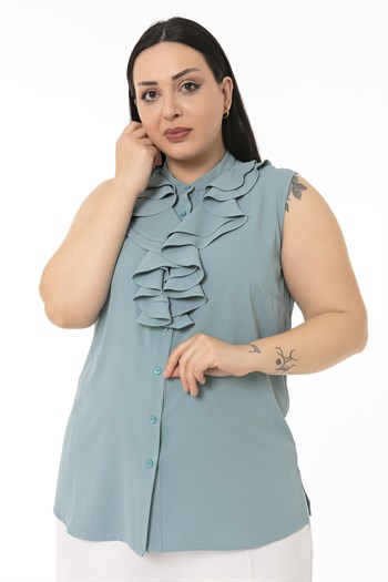 Büyük Beden Yakası İki Kat Volanlı Düğmeli Kolsuz Mint Rengi Gömlek