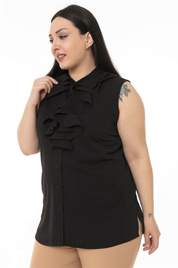 Büyük Beden Yakası İki Kat Volanlı Düğmeli Kolsuz Siyah Gömlek