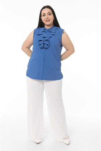 Büyük Beden Yakası İki Kat Volanlı Düğmeli Kolsuz İndigo Gömlek