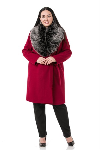 Büyük Beden Yakası Kürklü Yandan Cepli Kuşaklı Astarlı Bordo Kaşe Kaban