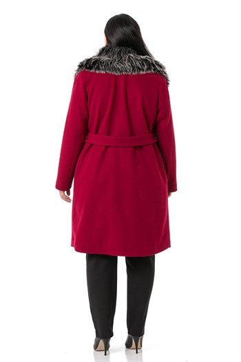 Büyük Beden Yakası Kürklü Yandan Cepli Kuşaklı Astarlı Bordo Kaşe Kaban