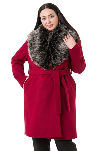 Büyük Beden Yakası Kürklü Yandan Cepli Kuşaklı Astarlı Bordo Kaşe Kaban