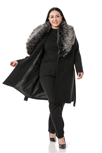 Büyük Beden Yakası Kürklü Yandan Cepli Kuşaklı Astarlı Siyah Kaşe Kaban