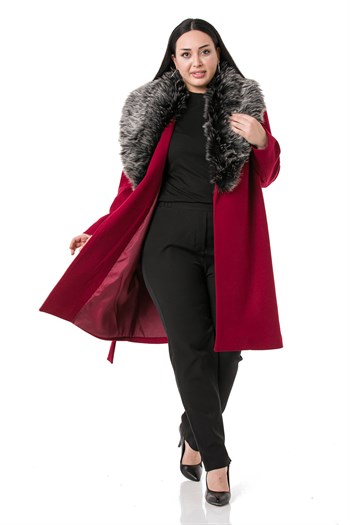 Büyük Beden Yakası Kürklü Yandan Cepli Kuşaklı Astarlı Bordo Kaşe Kaban