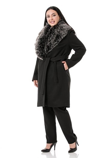 Büyük Beden Yakası Kürklü Yandan Cepli Kuşaklı Astarlı Siyah Kaşe Kaban