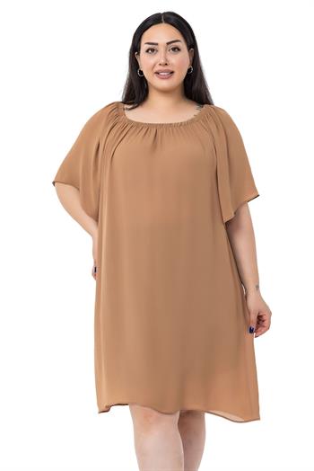 Büyük Beden Yakası Lastikli Geniş Kollu Astarlı Camel Elbise