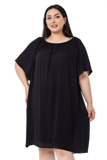 Büyük Beden Yakası Lastikli Geniş Kollu Astarlı Siyah Elbise