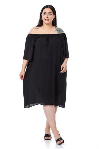 Büyük Beden Yakası Lastikli Geniş Kollu Astarlı Siyah Elbise