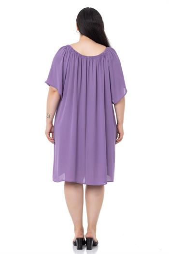 Büyük Beden Yakası Lastikli Geniş Kollu Astarlı Lila Elbise
