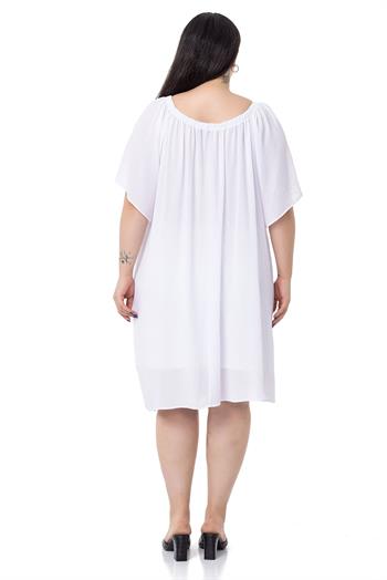 Büyük Beden Yakası Lastikli Geniş Kollu Astarlı Beyaz Elbise