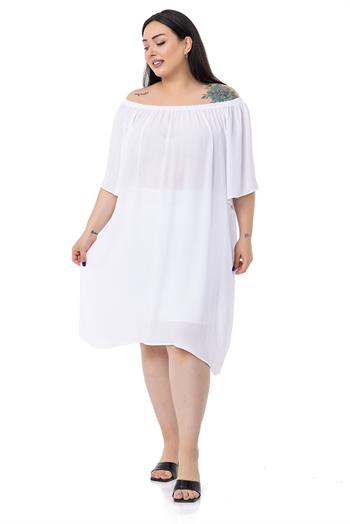 Büyük Beden Yakası Lastikli Geniş Kollu Astarlı Beyaz Elbise