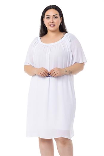 Büyük Beden Yakası Lastikli Geniş Kollu Astarlı Beyaz Elbise
