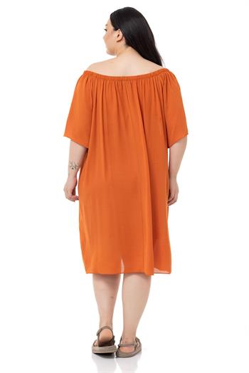 Büyük Beden Yakası Lastikli Geniş Kollu Astarlı Kiremit Elbise