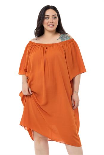 Büyük Beden Yakası Lastikli Geniş Kollu Astarlı Kiremit Elbise