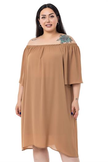 Büyük Beden Yakası Lastikli Geniş Kollu Astarlı Camel Elbise