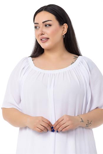 Büyük Beden Yakası Lastikli Geniş Kollu Astarlı Beyaz Elbise