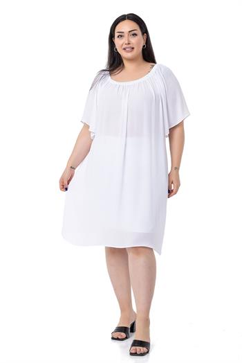 Büyük Beden Yakası Lastikli Geniş Kollu Astarlı Beyaz Elbise