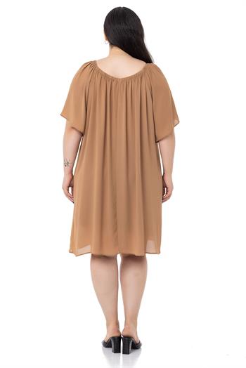 Büyük Beden Yakası Lastikli Geniş Kollu Astarlı Camel Elbise