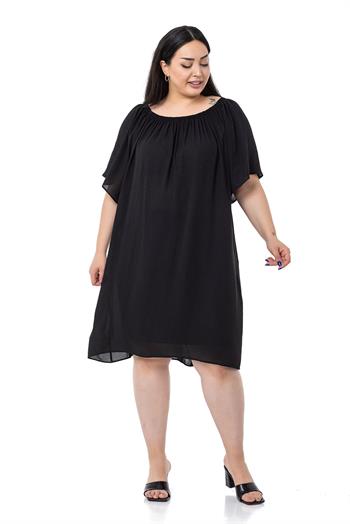 Büyük Beden Yakası Lastikli Geniş Kollu Astarlı Siyah Elbise
