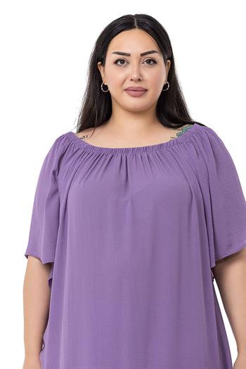 Büyük Beden Yakası Lastikli Geniş Kollu Astarlı Lila Elbise