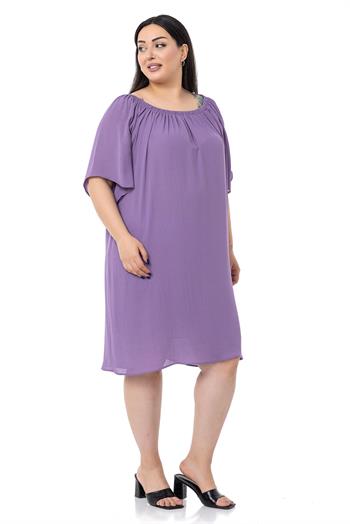 Büyük Beden Yakası Lastikli Geniş Kollu Astarlı Lila Elbise
