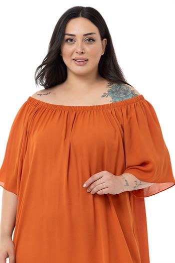 Büyük Beden Yakası Lastikli Geniş Kollu Astarlı Kiremit Elbise