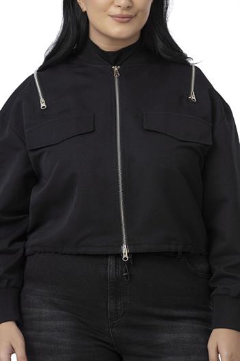 Büyük Beden Yakası ve Kol Ağzı Ribanalı Fermuar Detaylı Siyah Bomber Ceket