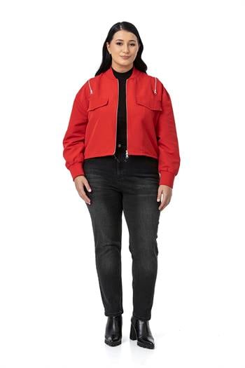 Büyük Beden Yakası ve Kol Ağzı Ribanalı Fermuar Detaylı Kırmızı Bomber Ceket