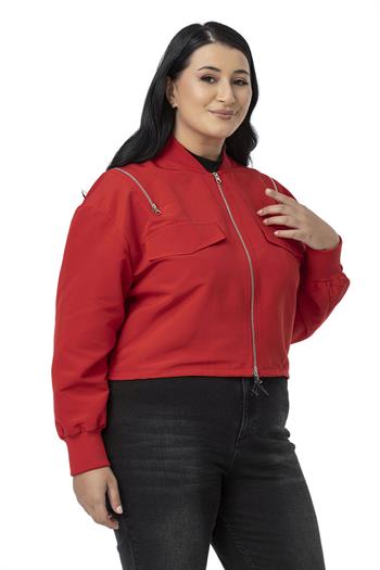 Büyük Beden Yakası ve Kol Ağzı Ribanalı Fermuar Detaylı Kırmızı Bomber Ceket