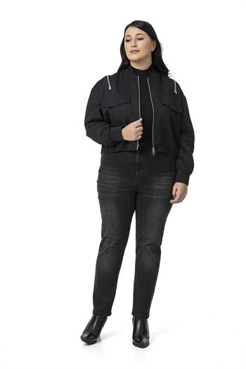 Büyük Beden Yakası ve Kol Ağzı Ribanalı Fermuar Detaylı Siyah Bomber Ceket