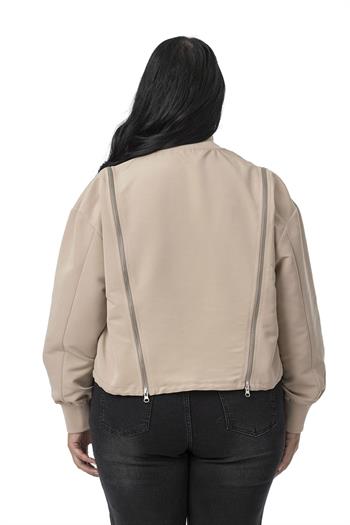 Büyük Beden Yakası ve Kol Ağzı Ribanalı Fermuar Detaylı Bej Rengi Bomber Ceket